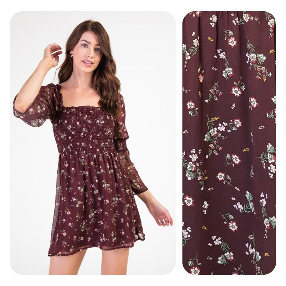 Maroon Floral Flare Sleeve Mini Dress